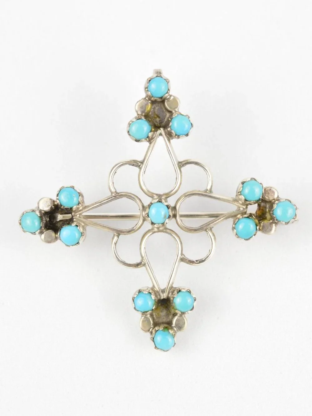 Vtg Zuni Sterling Silver Turquoise Cross Pendant Brooch Pin Signed NM 1.25